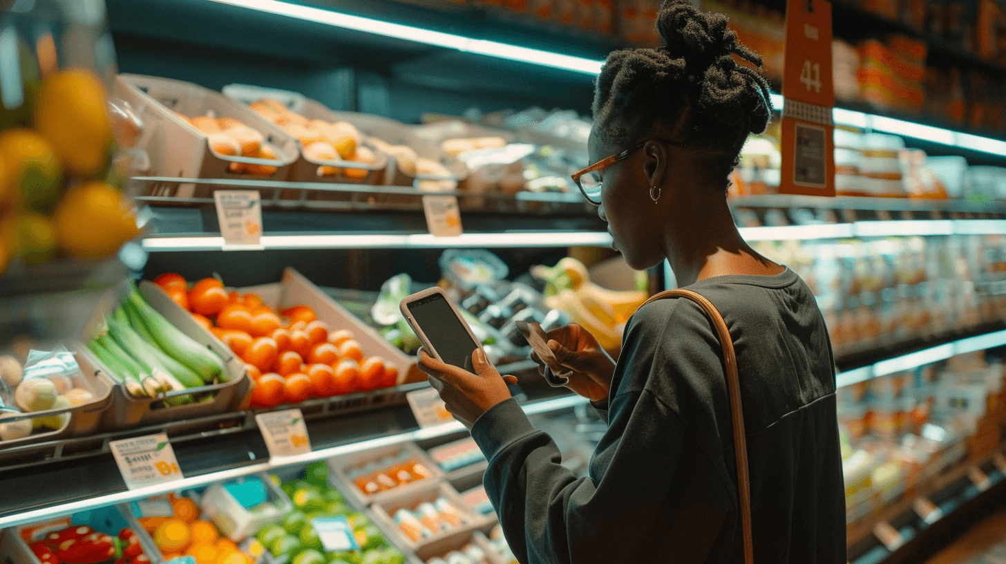 Person looking at groceries and a phone