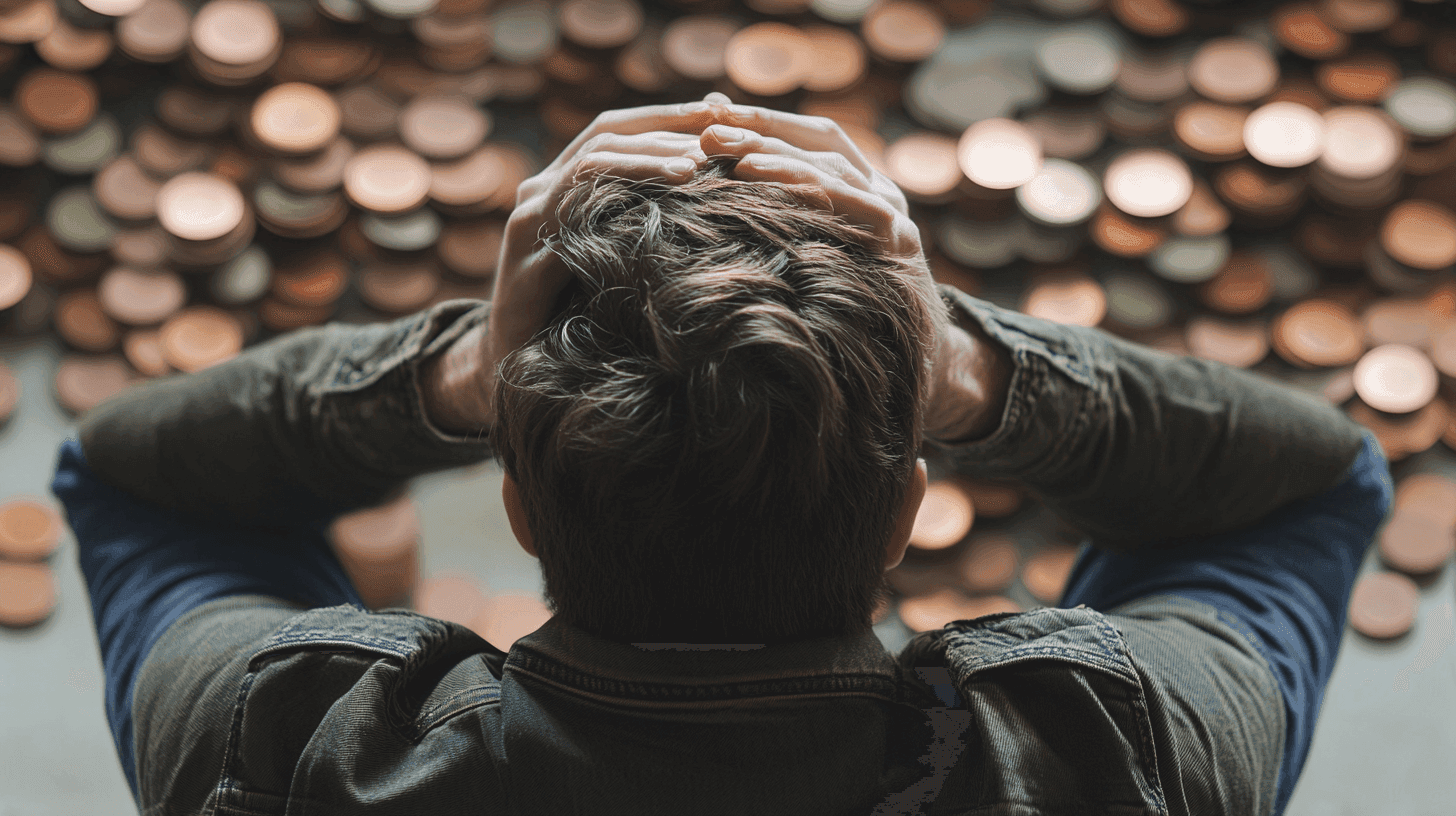 Person holding hands on their head looking at money 
