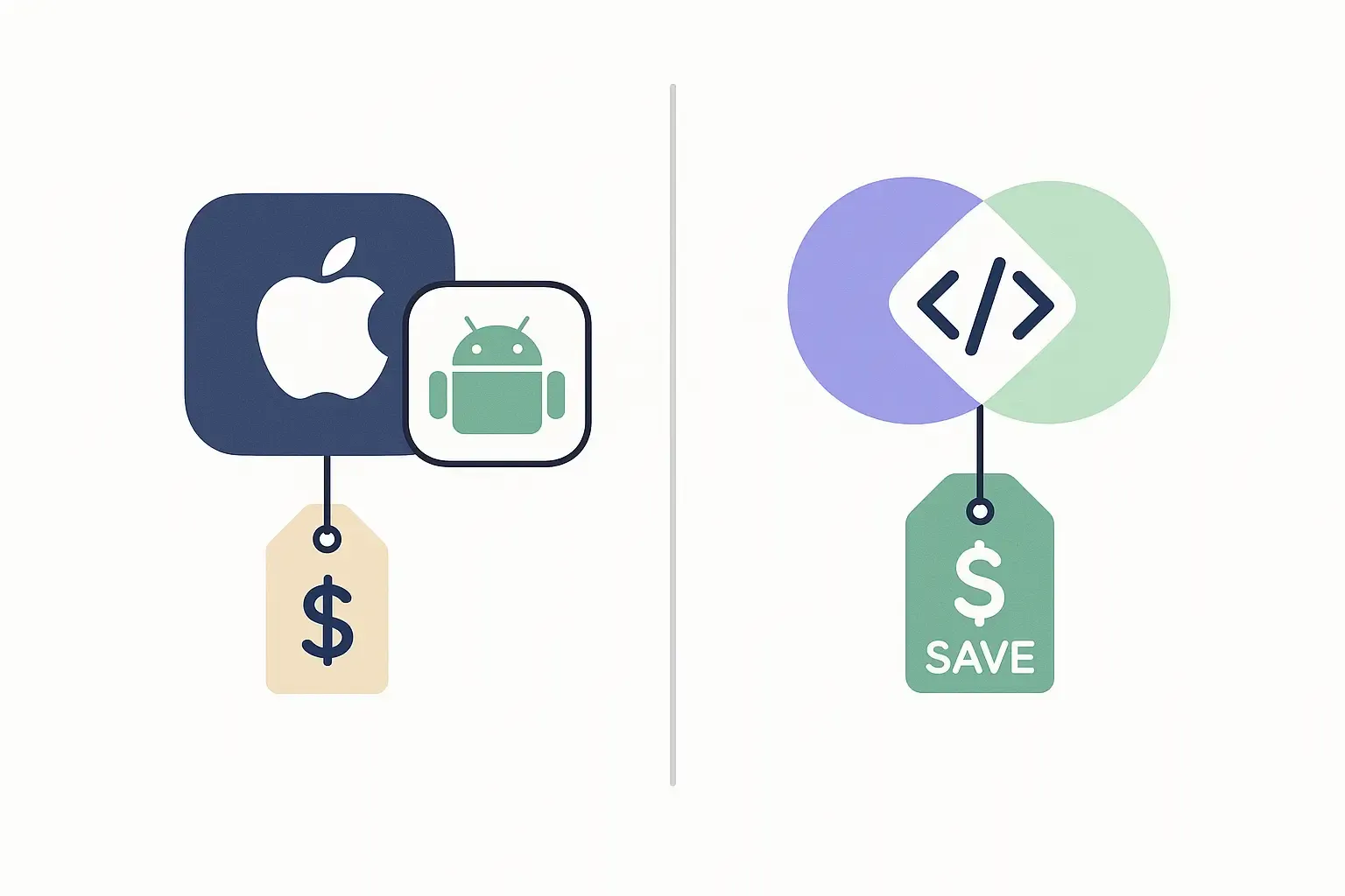 Side-by-side chart: iOS/Android icons with high price tags vs. cross-platform/PWA icons with cost-saving badges and shared codebase.