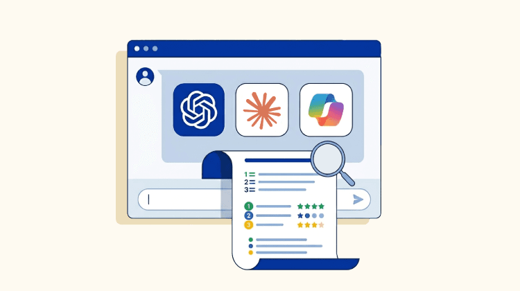  Illustration of a browser window showing three AI app icons (ChatGPT, Claude, Copilot) with a star-rated comparison document and magnifying glass in the foreground, suggesting an AI tool review.