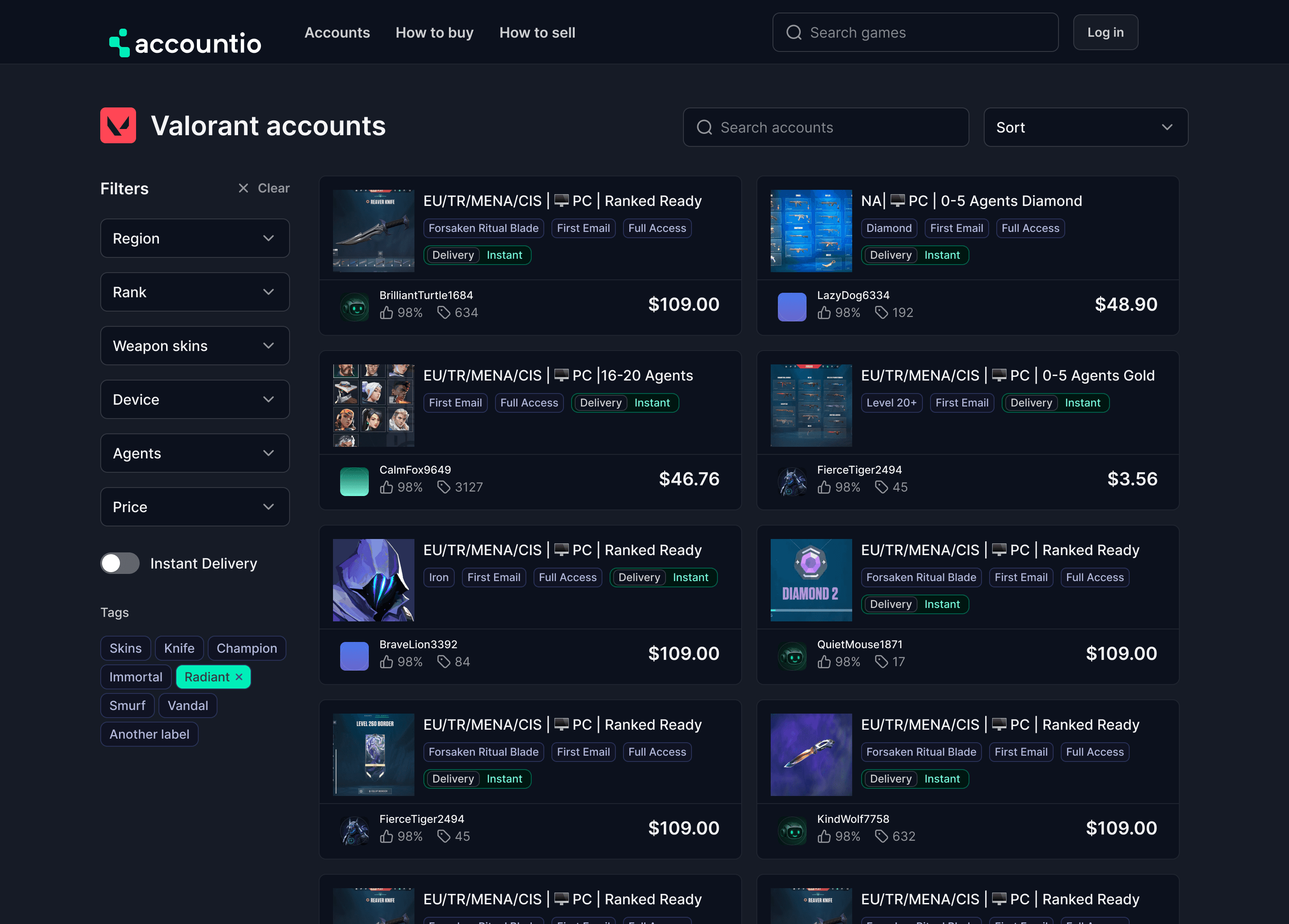 Tableau de bord de la marketplace Accountio.gg