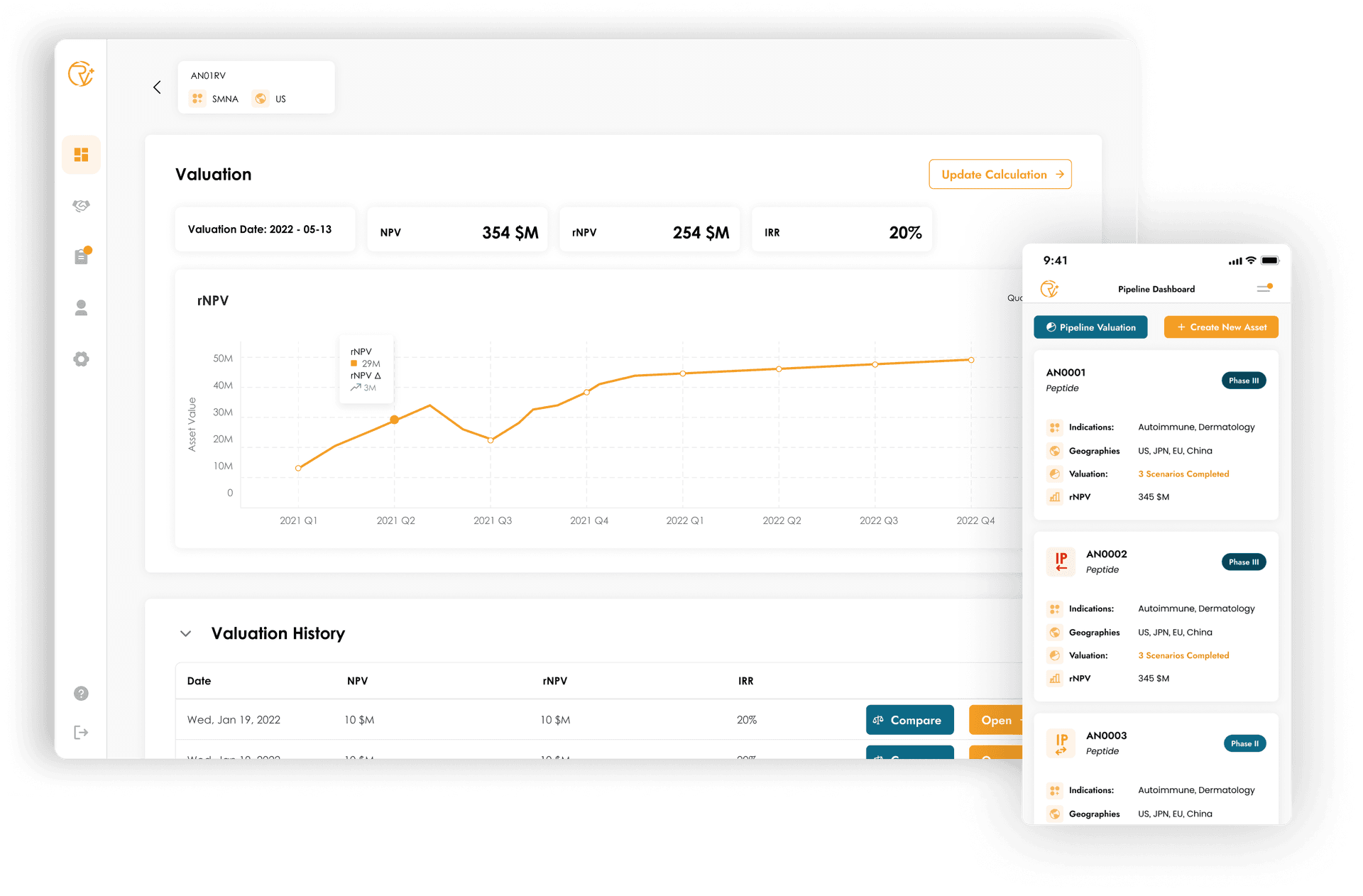 Valuation platform screenshots