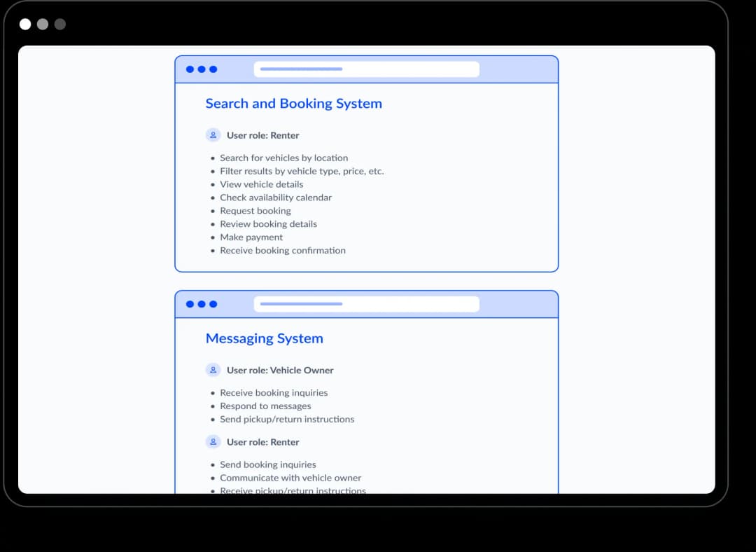 Detailed breakdown of all features, user roles and user stories