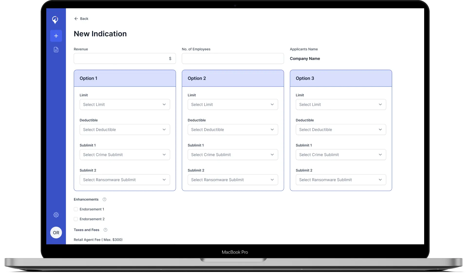MGA quoting system - pricing indications interface