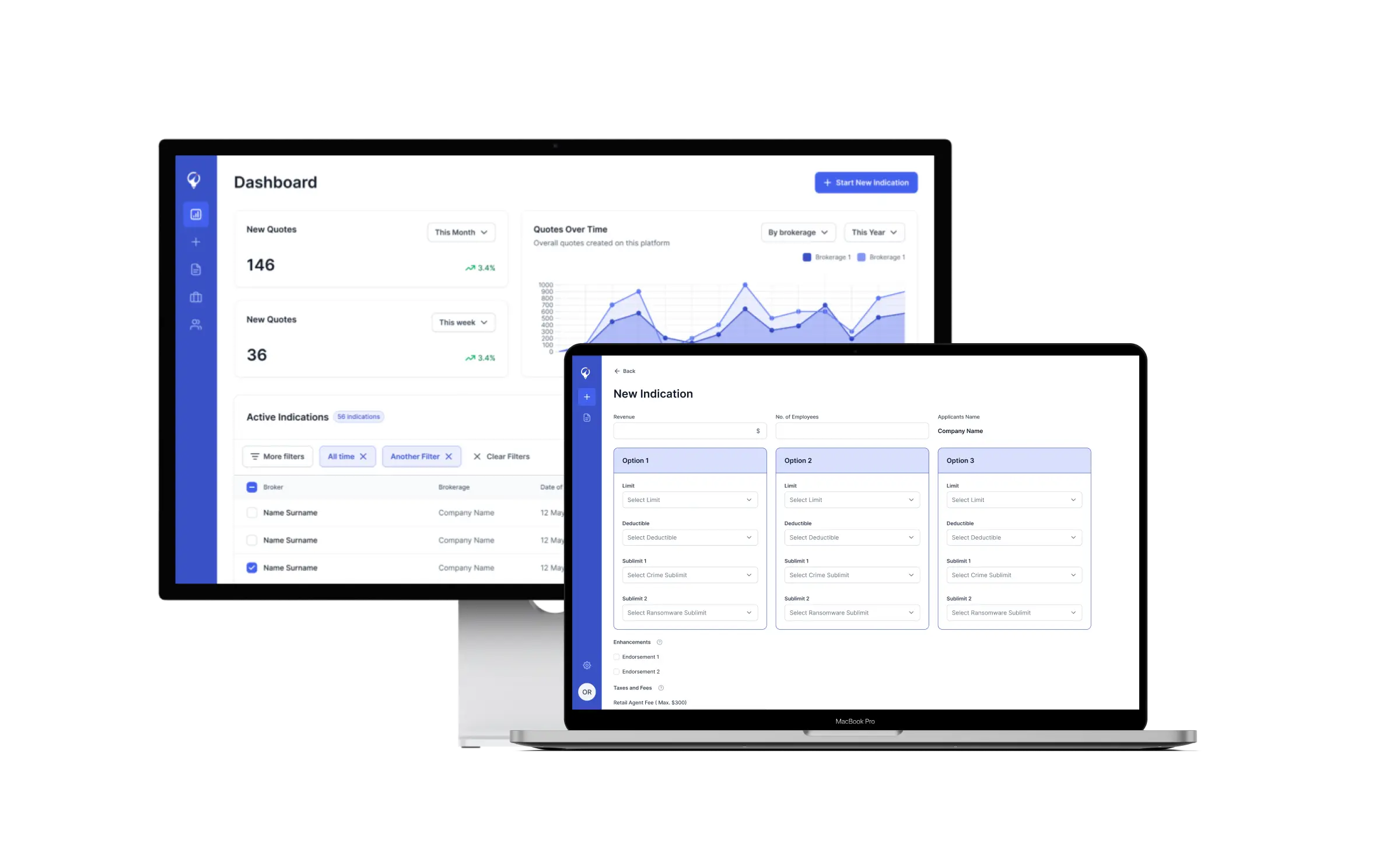 MGA insurance software - dashboard and new indication screens