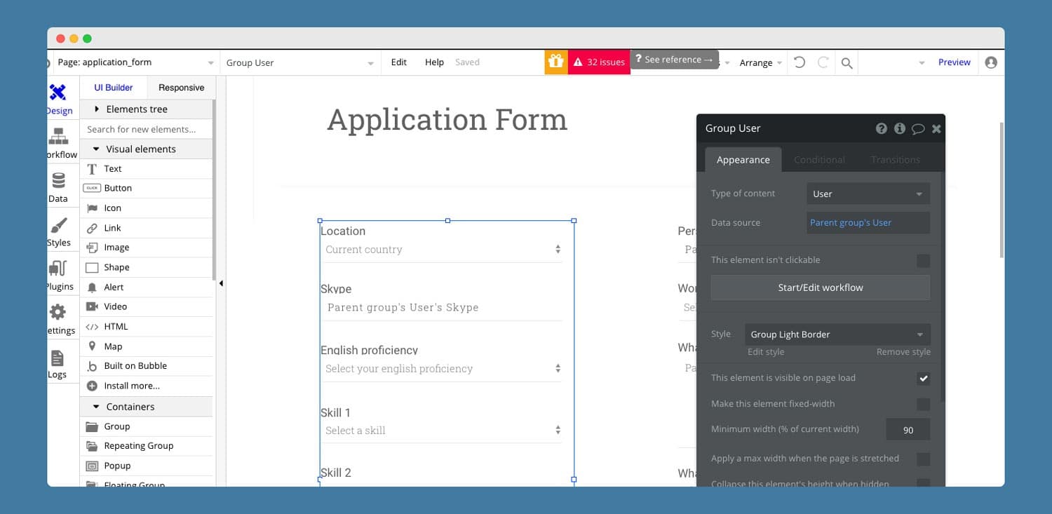 An enterprise no code software app being built with Bubble.io