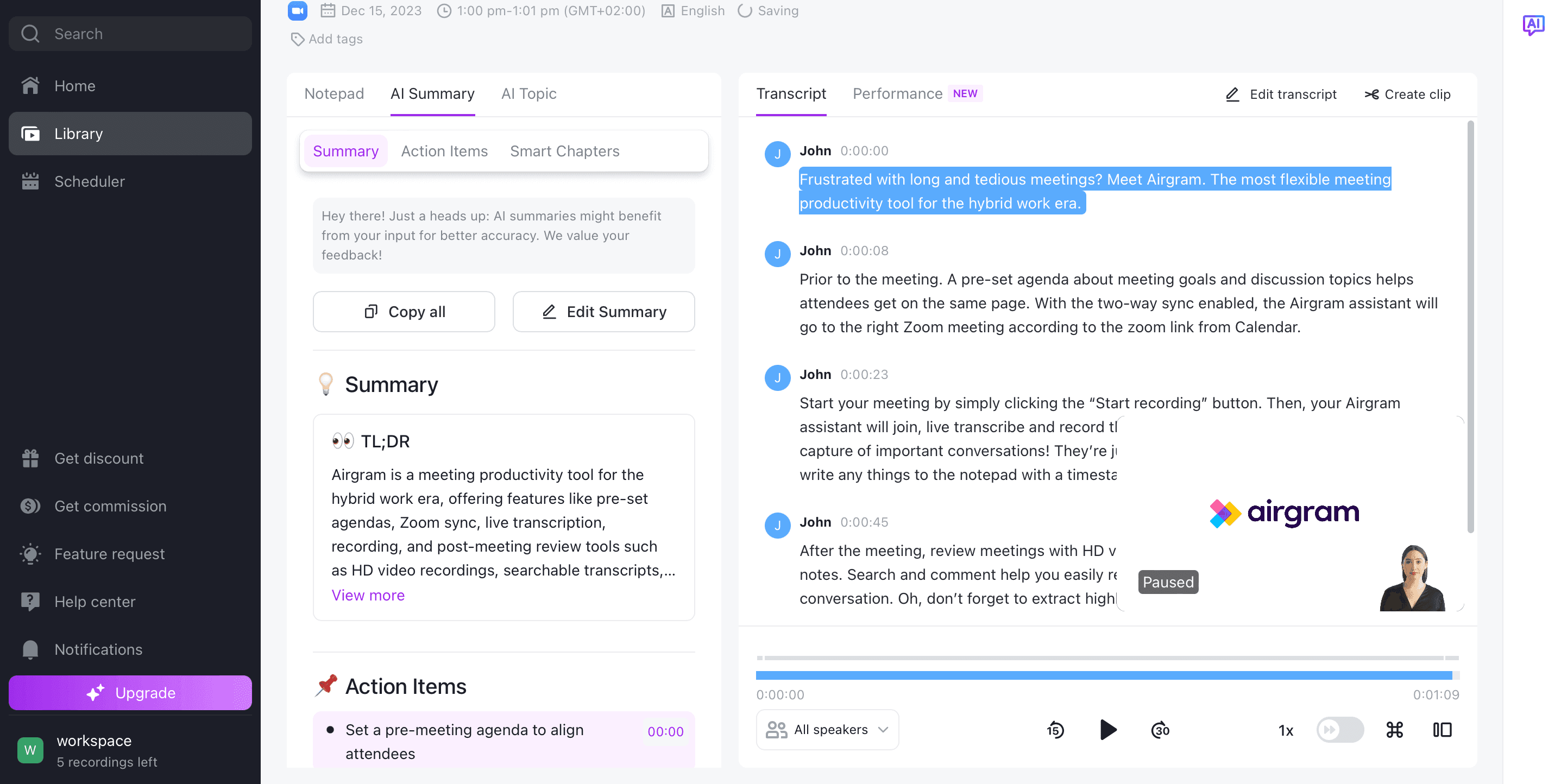 One of the transcription apps: Airgram