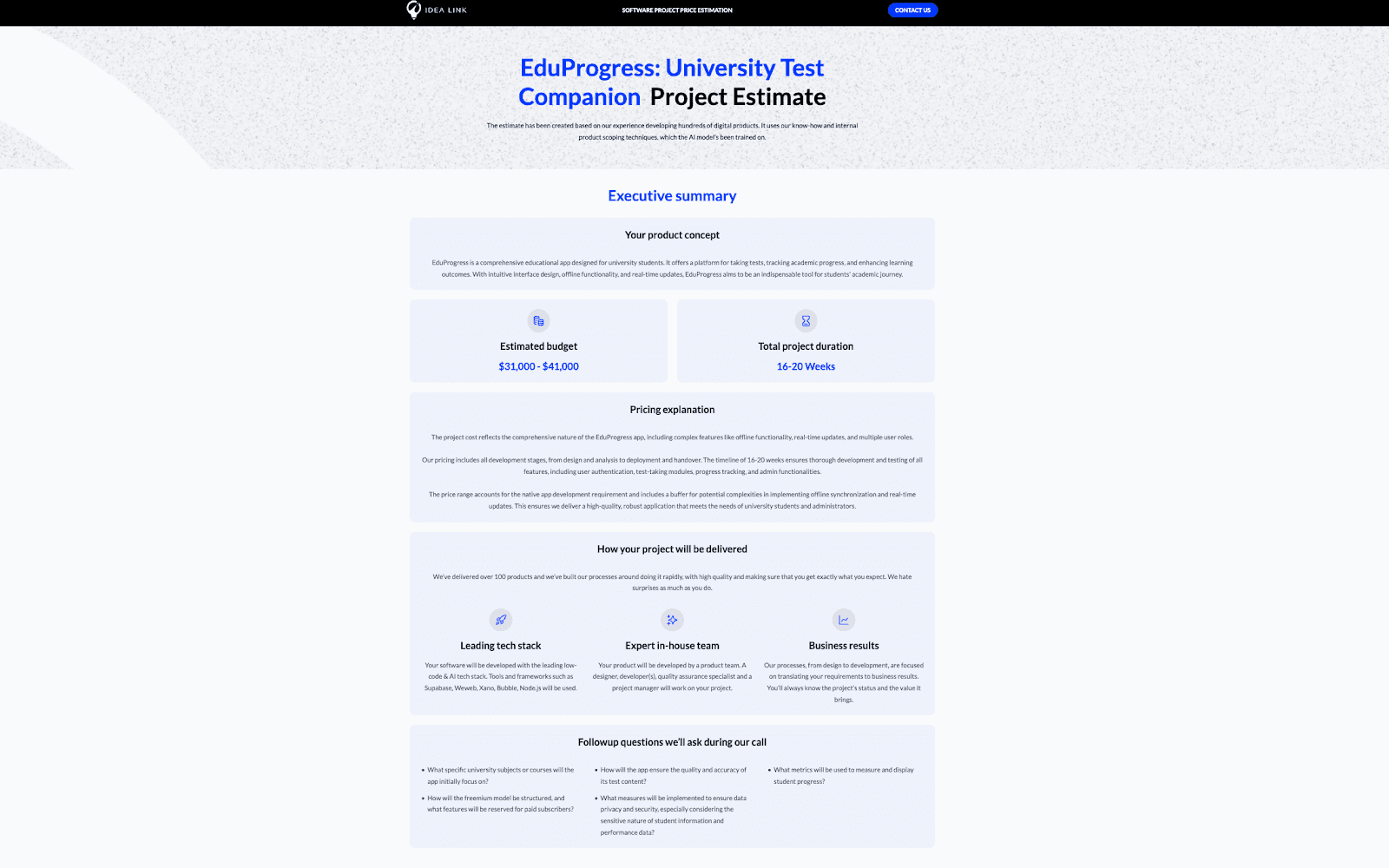 Educational app estimate