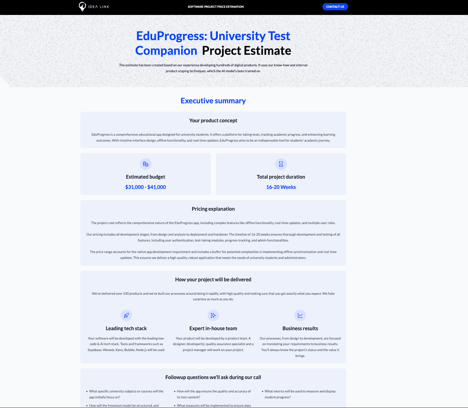 Educational app estimate