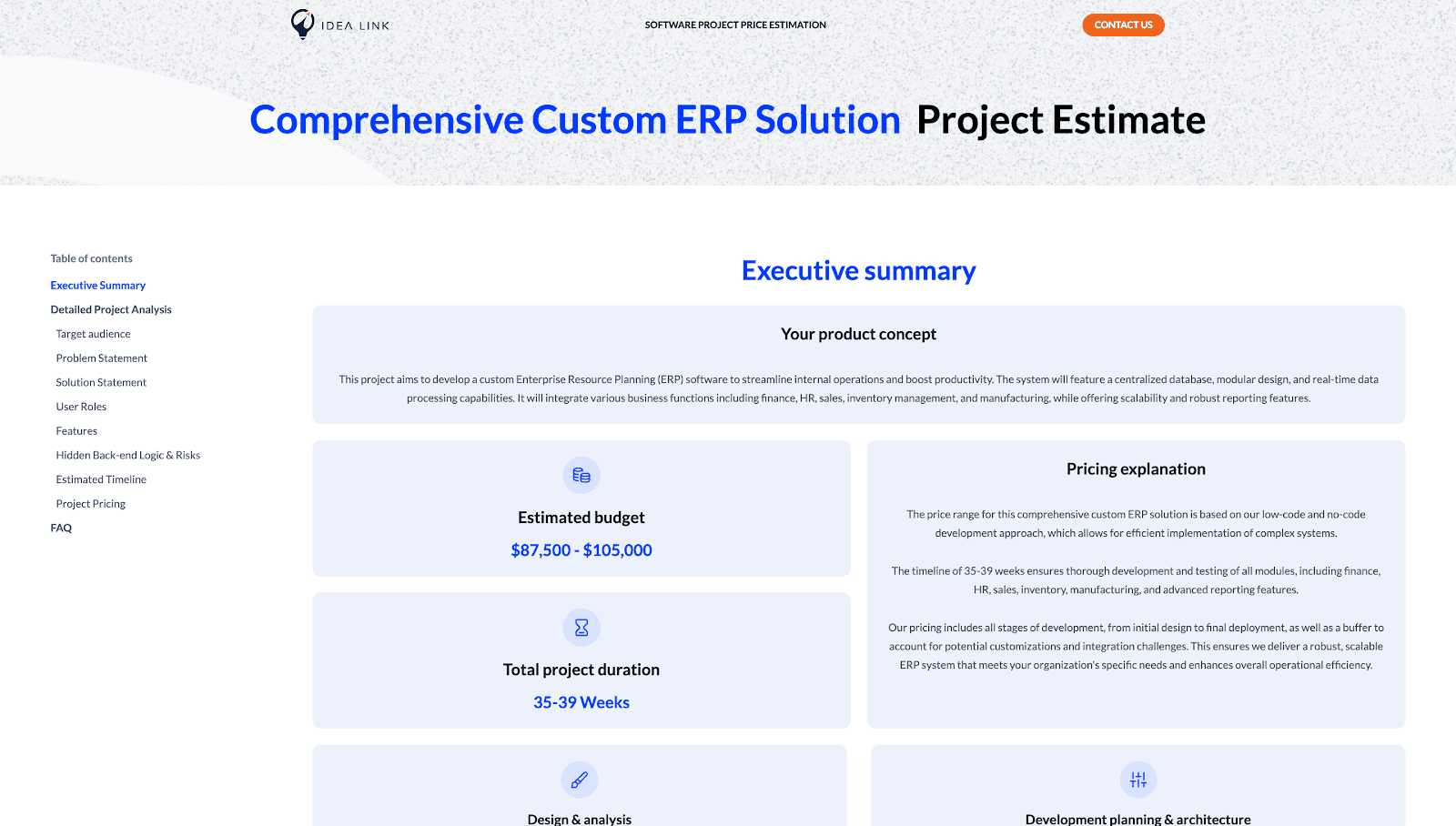 Custom ERP estimate