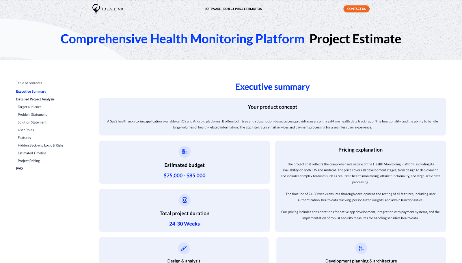 Health monitoring app estimate