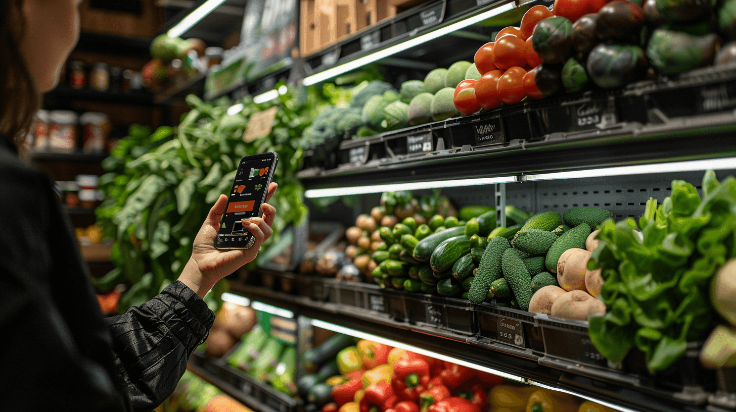Person looking at a phone and groceries in a store