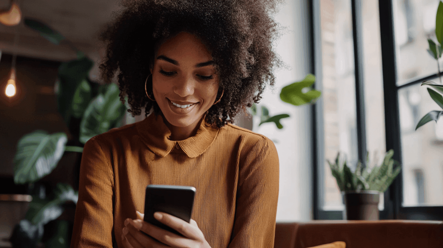 Woman smiling at her phone