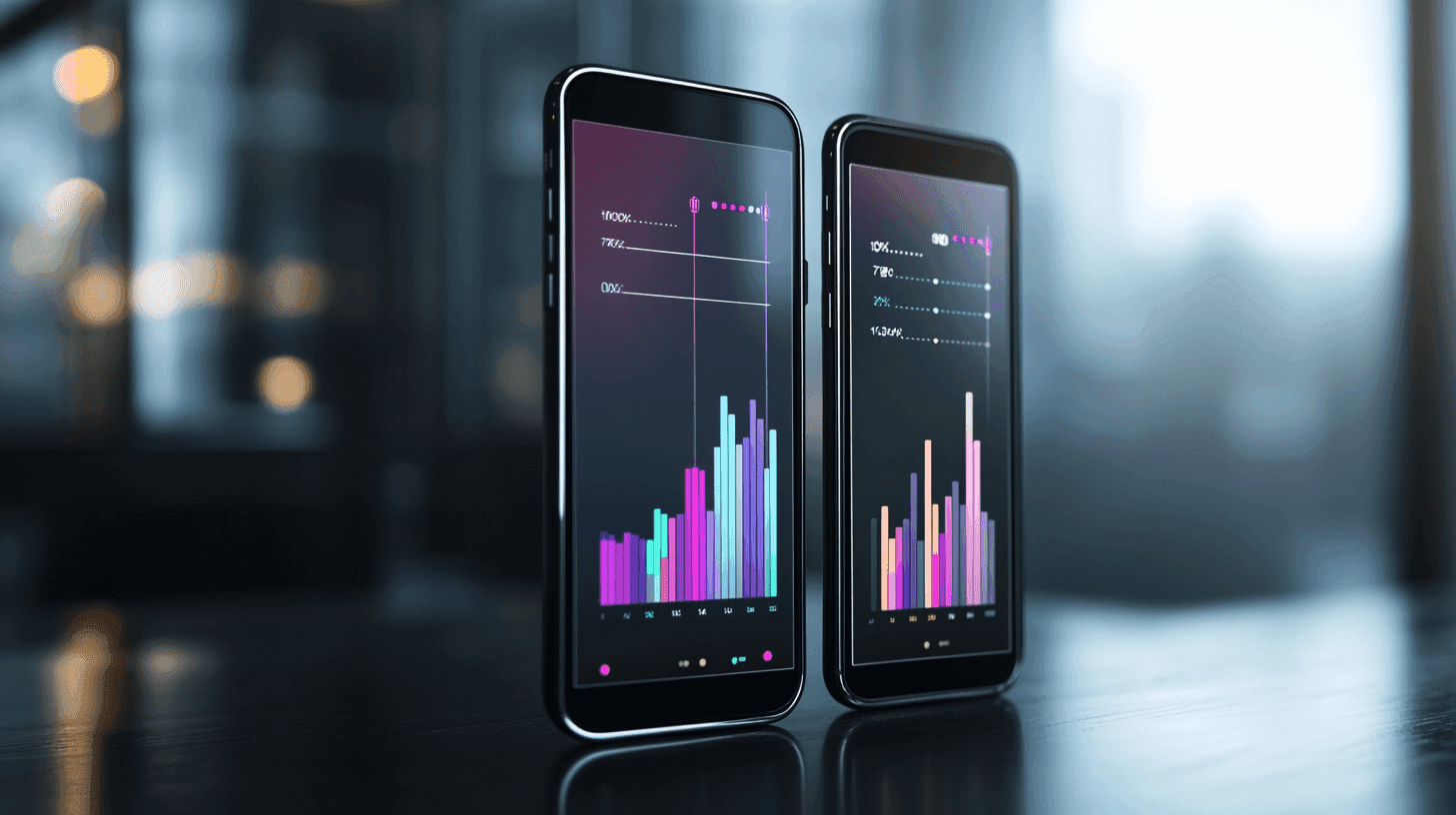 Two phones with statistics on them