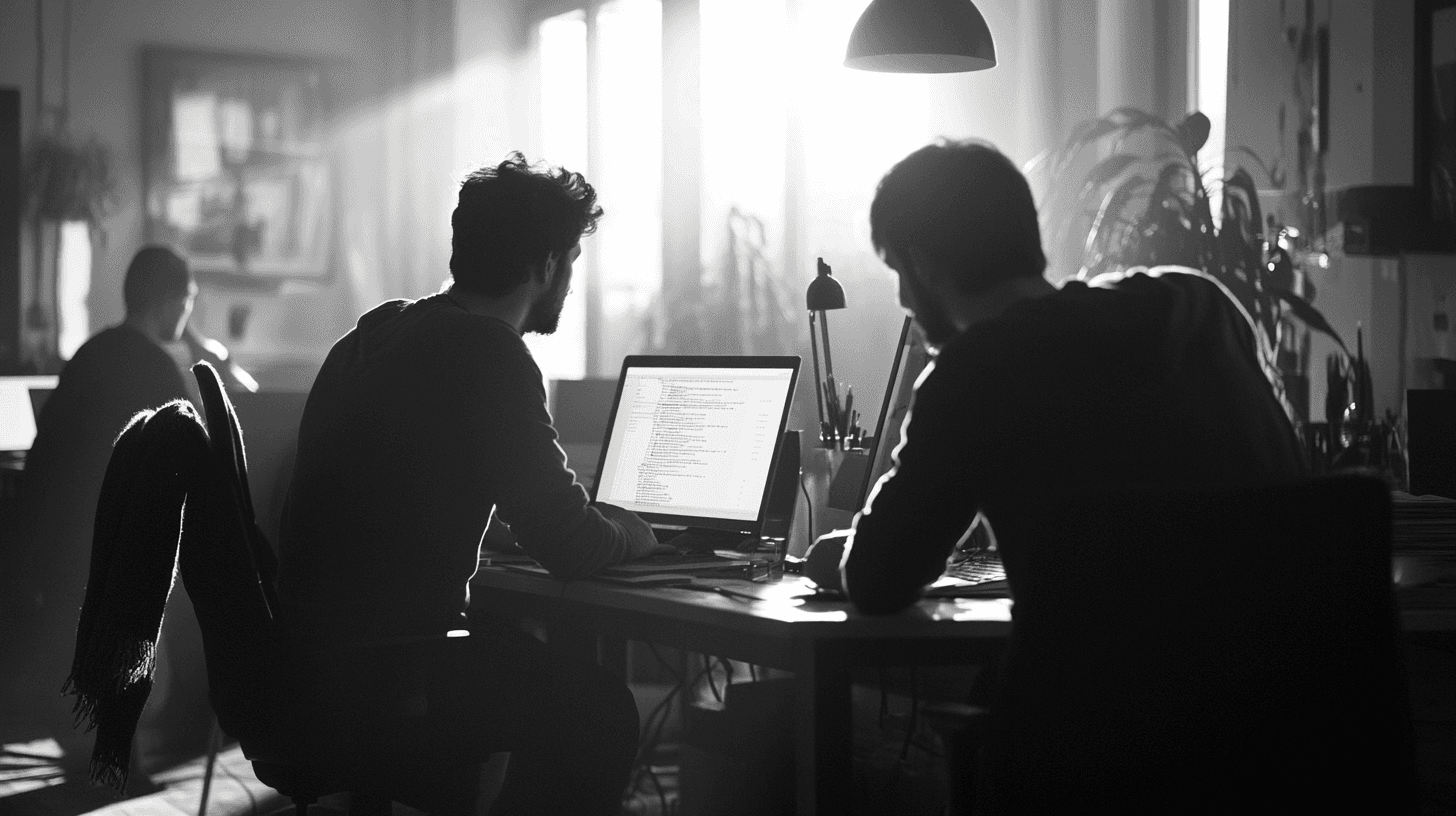 Three people working in a small office