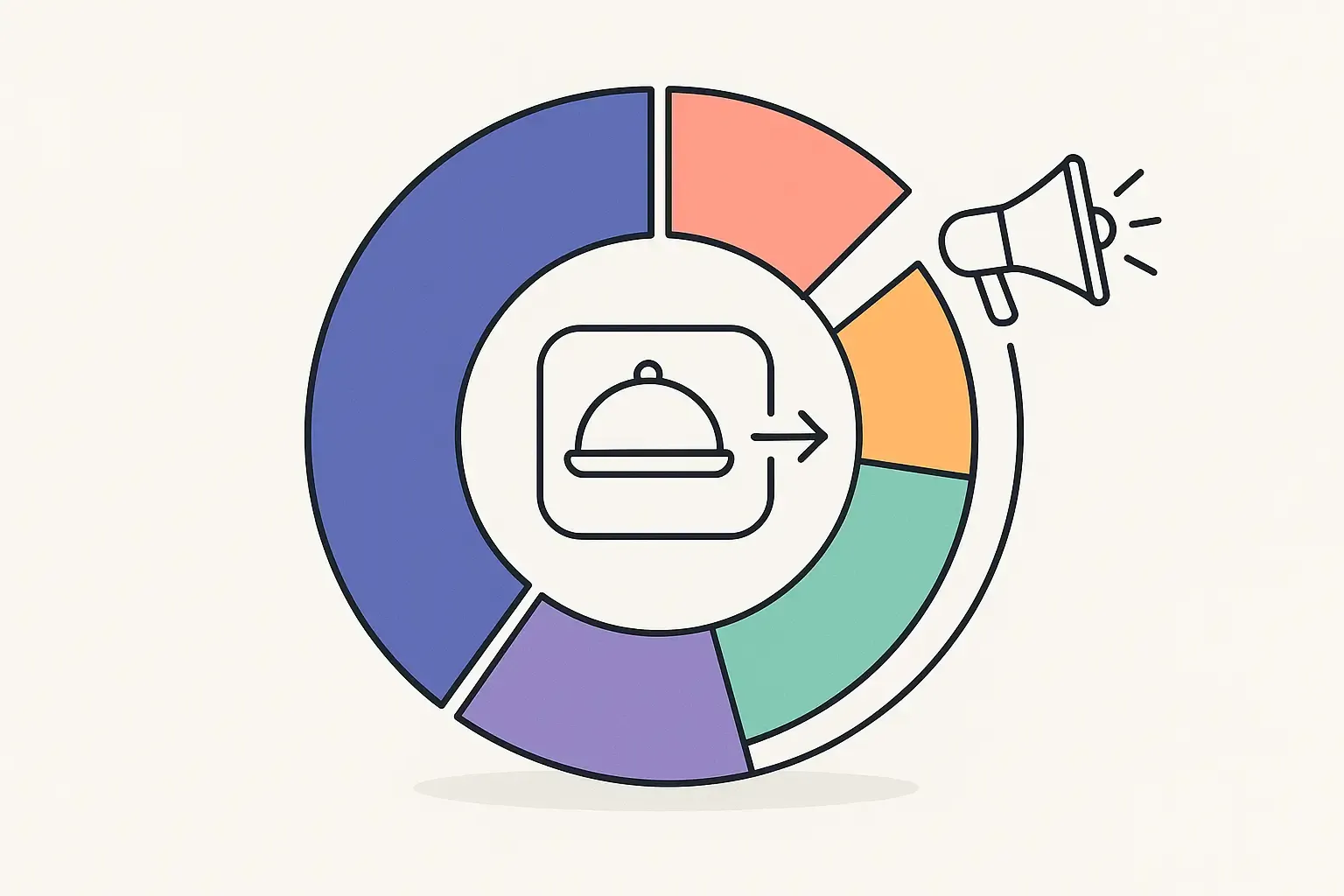 Minimal Notion-style pie chart showing revenue streams for a food delivery platform, with visually distinct colored segments.