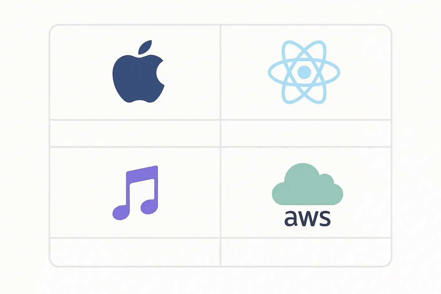 Minimalist chart comparing tech stacks for a Clubhouse-like app, with icons for frontend, backend, audio, and cloud.