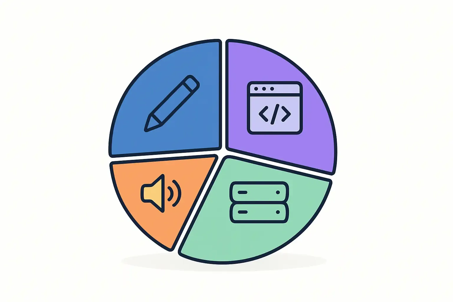 Minimal pie or bar chart showing cost breakdown for Clubhouse app: design, frontend, backend, audio tech, testing; icons, colors.
