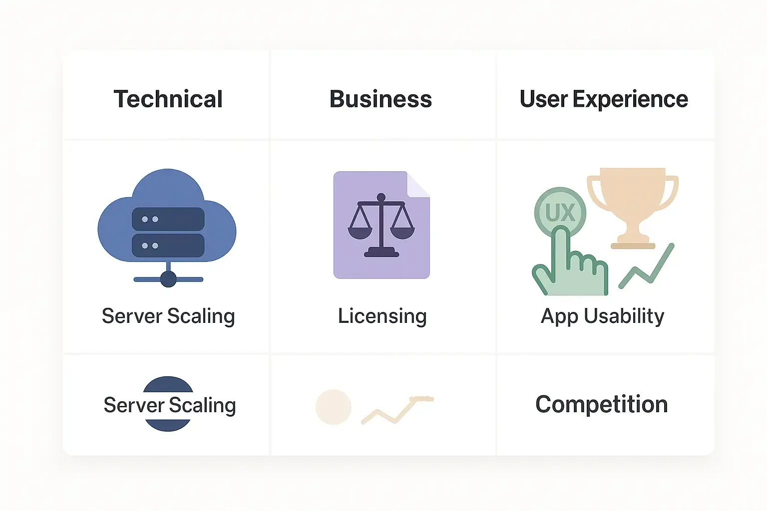 Minimal Notion-style matrix showing music app challenges: icons for tech, business, UX issues like scaling and licensing.