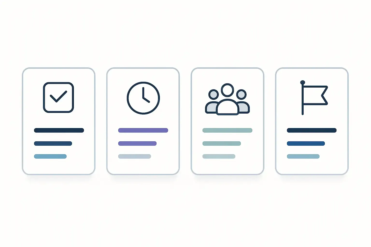 Minimal Notion-style cards showing software pricing models: checklist, clock, team, and flag icons on light background.