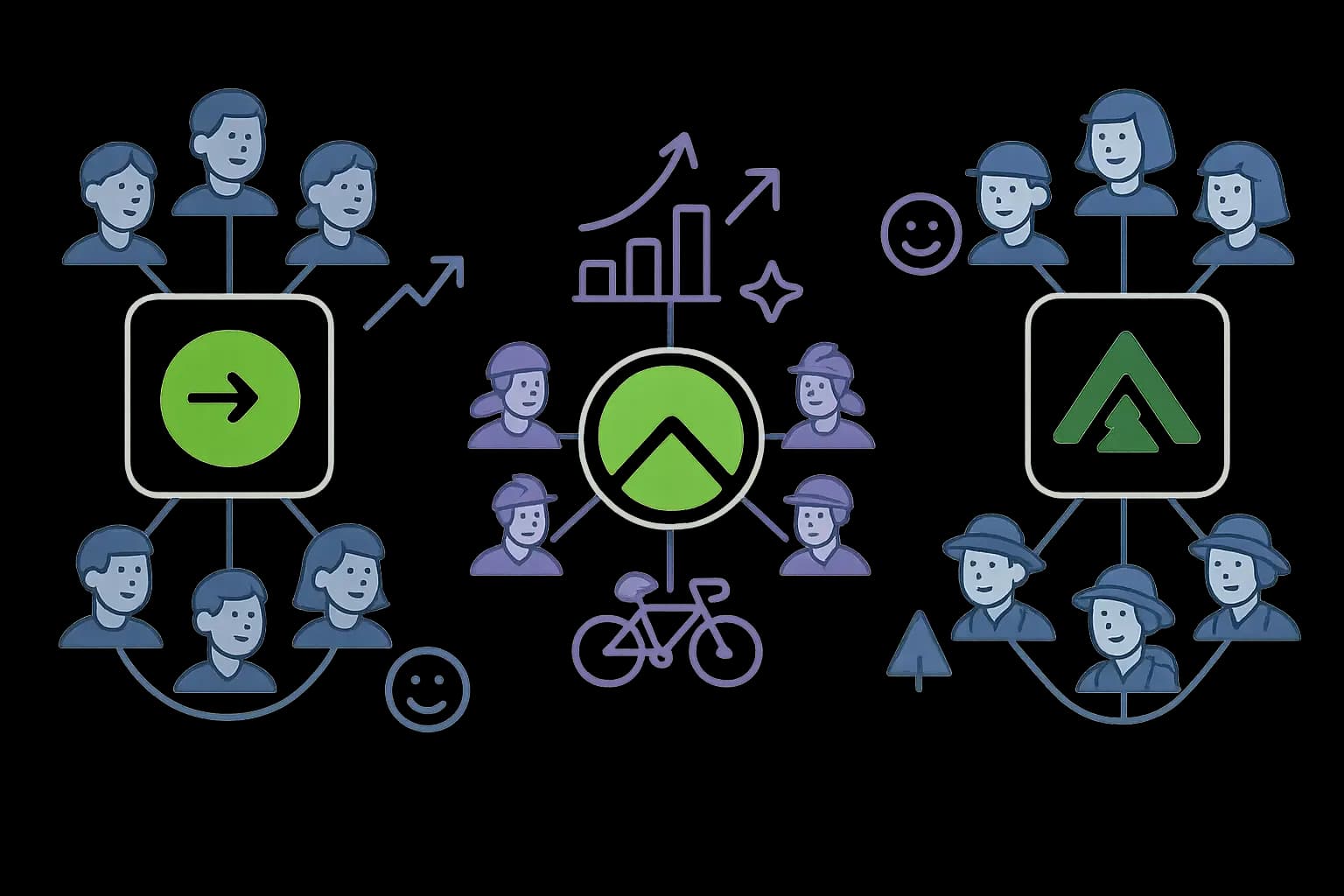 Minimal illustration of Citymapper, Komoot, Gaia GPS icons, each linked to user groups with growth and satisfaction symbols.